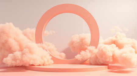 Generative AI, Peach fuzz color of 2024, fantastic 3d clouds on the floor, sky and landscape. Gentle colors and with bright lights..の素材