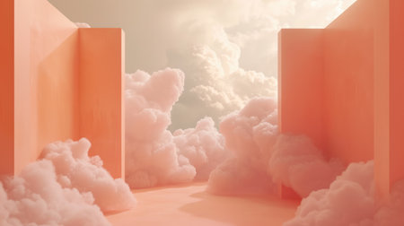 Generative AI, peach fuzz color fantastic 3d clouds in the room interior, sky and landscape. Gentle colors and with bright lightsの素材
