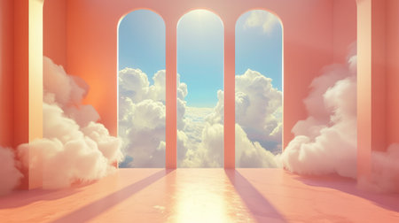 Generative AI, peach fuzz color fantastic 3d clouds in the room interior, sky and landscape. Gentle colors and with bright lightsの素材