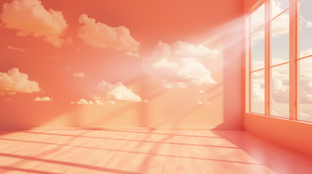 Generative AI, peach fuzz color fantastic 3d clouds in the room interior, sky and landscape. Gentle colors and with bright lightsの素材