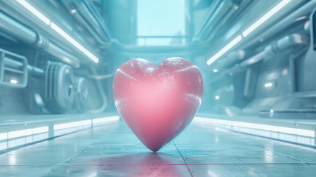 Generative AI, Futuristic room with pink heart in cyberpunk style illustration. Love, feelings, romantic St. Valentine's Day concept.の素材