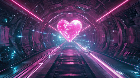 Generative AI, Futuristic room with pink heart in cyberpunk style illustration. Love, feelings, romantic St. Valentine's Day concept.の素材