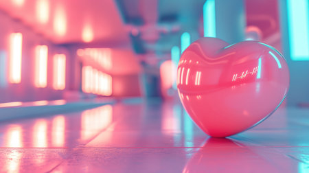 Generative AI, Futuristic room with pink heart in cyberpunk style illustration. Love, feelings, romantic St. Valentine's Day concept.の素材