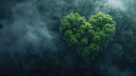 Generative AI, Green forest with heart shape, beautiful landscape with white clouds, environment love planet conceptの素材