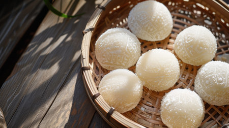 Generative AI, photo of urine on the table background. Traditional Japanese dessert, top view, flat layの素材