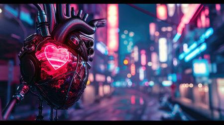 Generative AI, Robot heart in cyberpunk style, futuristic illustration. Love, feelings, romantic St. Valentine's Day concept.の素材