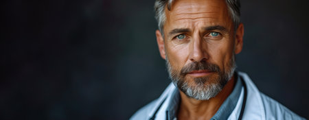 Generative AI, close up portrait of senior man doctor posing at camera, healthcare and medicine conceptの素材