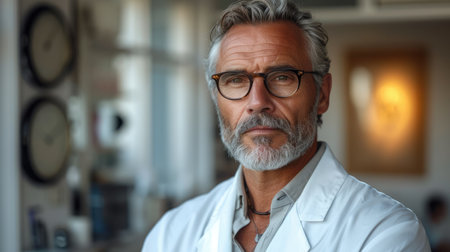 Generative AI, close up portrait of senior man doctor posing at camera, healthcare and medicine conceptの素材