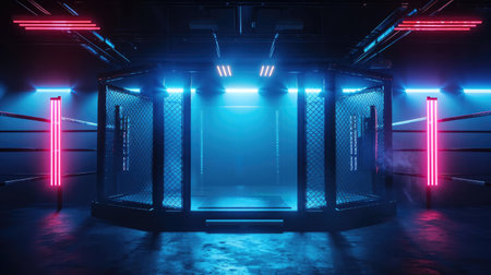 Generative AI, professional mma cage arena with spotlights, martial arts sport ringの素材