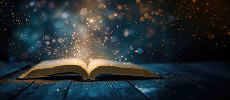 Generative AI, open antique book on the table with magic lights, glitter blurred overlay, dark backgroundの素材