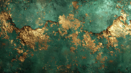 Generative AI, Green and golden colors rough wall, impasto grunge vintage painting background. Old oil textured painted canvasの素材