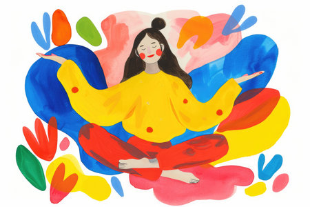 Generative AI, Illustration of young beautiful girl doing yoga in hand drawn gouache style, morning meditation. Healthcare, lifestyle and wellness conceptの素材