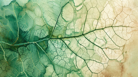 Generative AI, Abstract watercolor green leaf veins. Drawn poster design with green, brown and beige colors.の素材