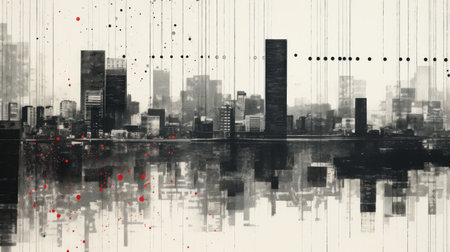Generative AI, Poster with cityscape in risograph and glitch style, monochrome colorsの素材