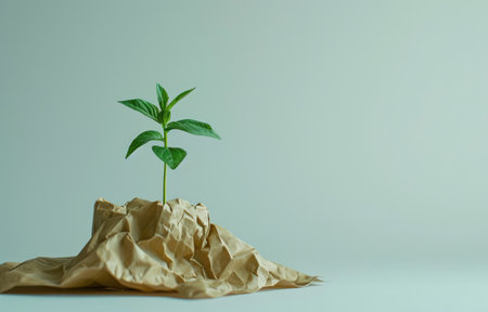 Generative AI, plant sprout with green leaves growing from recycled paper. Eco, zero waste, plastic free and environment conceptの素材