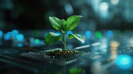 Generative AI, Plant growing from the circuit board. Ecology and environment conceptの素材