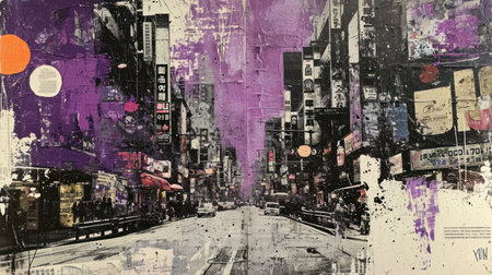 Generative AI, vintage grunge purple collage poster with Asian cityscape. Different textures and shapesの素材