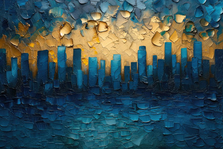 Generative AI, Blue and golden painted cityscape, impasto textured style, dark landscape with sunの素材