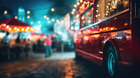 Generative AI, Food truck street festival, blurred lights background, atmospheric bokeh, muted colors Generative AI, Food truck street festival, blurred lights background, atmospheric bokeh, muted colorsの素材