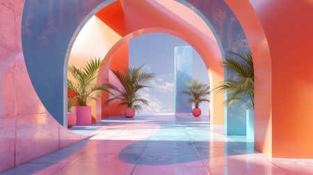 Generative AI, Memphis postmodern style interior with many plants, vibrant surreal colors roomの素材