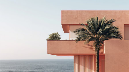 Generative AI, Beach aesthetic villa house and coast landscape, muted colors, minimalismの素材