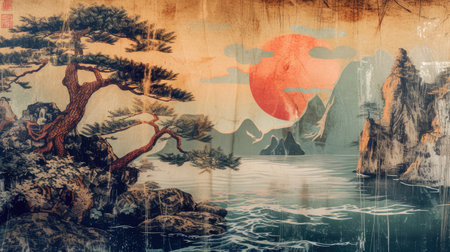 Generative AI, vintage textured grunge Japanese landscape illustration.の素材