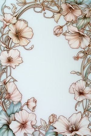 Generative AI, Colorful floral frame in the style of art nouveau style, beautiful flowers, 1900s vintageの素材