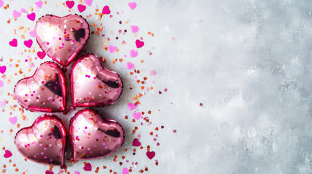 Generative AI, Foil balloons in heart shape and confetti for Valentine's day or wedding with copy spaceの素材