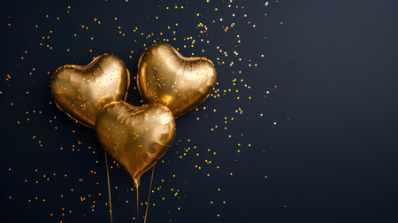 Generative AI, Foil golden balloons in heart shape and confetti for Valentine's day or wedding with copy spaceの素材