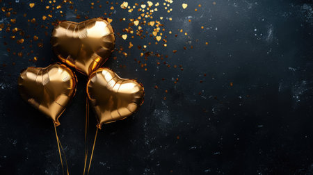 Generative AI, Foil golden balloons in heart shape and confetti for Valentine's day or wedding with copy spaceの素材