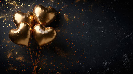 Generative AI, Foil golden balloons in heart shape and confetti for Valentine's day or wedding with copy spaceの素材