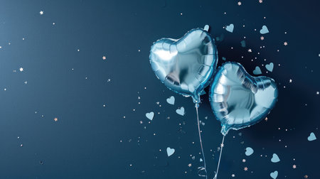 Generative AI, Foil blue balloons in heart shape and confetti for Valentine's day or wedding with copy spaceの素材