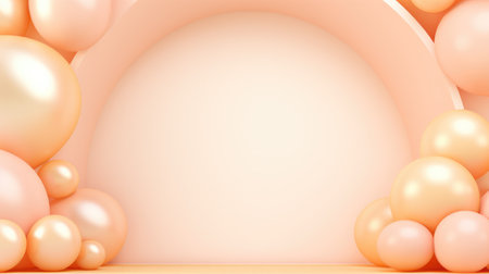 Generative AI, arch of peach fuzz color balloons. Birthday party, wedding or shower 3d background. Mockup, template for greetings or invitations.の素材