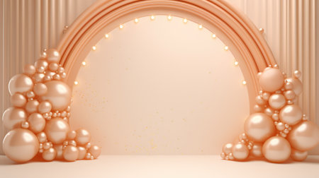 Generative AI, arch of peach fuzz color balloons. Birthday party, wedding or shower 3d background. Mockup, template for greetings or invitations.の素材