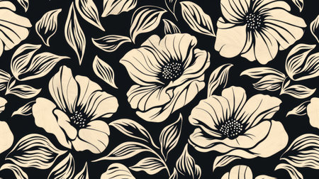 Generative AI, Painted linocut style flowers and plants in watercolor and ink, simple posterの素材