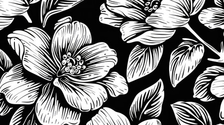Generative AI, Painted linocut style flowers and plants in watercolor and ink, simple posterの素材