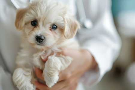 Generative AI, veterinarian doctor is holding in hands cute small puppy dog, vet clinic banner with copy spaceの素材