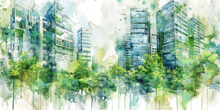 Generative AI, Watercolor painted green ecology urban landscape, Sustainable Living, Eco-Friendly conceptの素材
