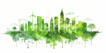 Generative AI, Watercolor painted green ecology urban landscape, Sustainable Living, Eco-Friendly conceptの素材