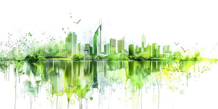 Generative AI, Watercolor painted green ecology urban landscape, Sustainable Living, Eco-Friendly conceptの素材
