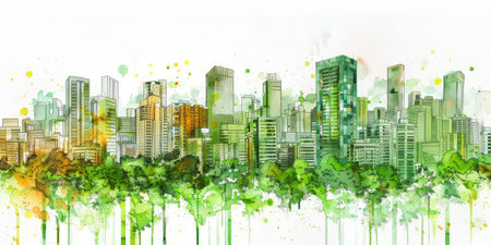 Generative AI, Watercolor painted green ecology urban landscape, Sustainable Living, Eco-Friendly conceptの素材