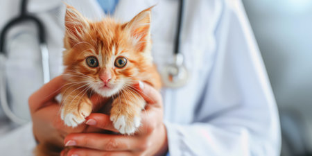 Generative AI, veterinarian is holding in hands cute small kitten, vet clinic banner with copy spaceの素材