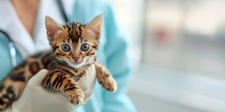 Generative AI, veterinarian is holding in hands cute small kitten, vet clinic banner with copy spaceの素材