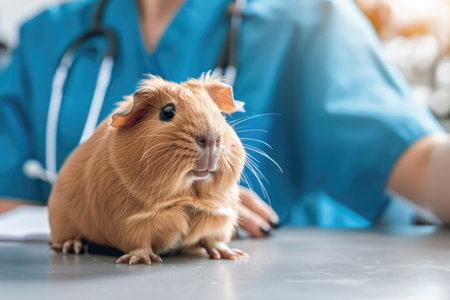 Generative AI, cute small guinea pig on the table being examined by professional veterinarian in vet clinicの素材