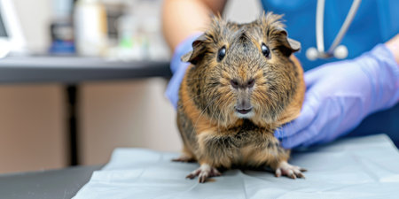 Generative AI, cute small guinea pig on the table being examined by professional veterinarian in vet clinicの素材
