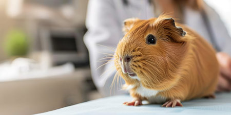 Generative AI, cute small guinea pig on the table being examined by professional veterinarian in vet clinicの素材