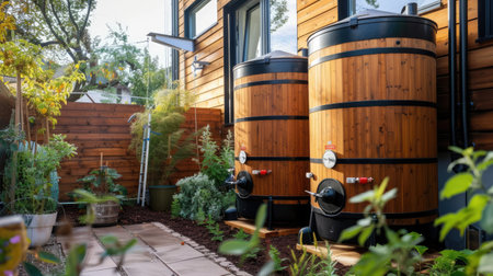 Generative AI, rainwater harvesting system in the garden with barrel, ecological reusing water conceptの素材