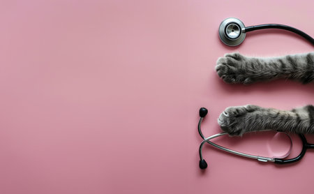 Generative AI, Cat paws and stethoscope isolated on pink background. Banner with copy space for vet clinic.の素材