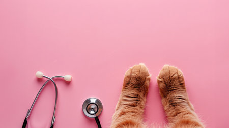 Generative AI, Cat paws and stethoscope isolated on pink background. Banner with copy space for vet clinic.の素材