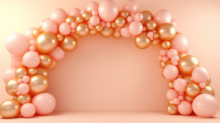 Generative AI, arch of peach fuzz color balloons. Birthday party, wedding or shower 3d background. Template for greetings or invitations...の素材